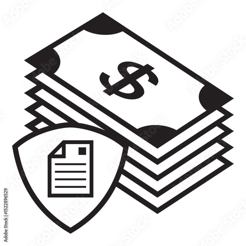 Black and white icon of dollar bills with a shield and document symbol, representing financial protection, legal agreement, or insurance policy security.