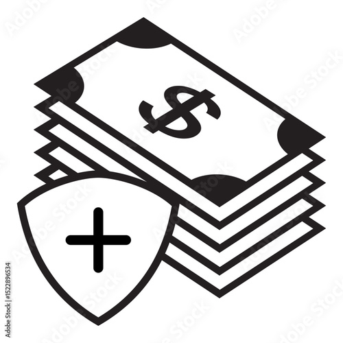 icon showing a stack of dollar bills with a shield and plus symbol, representing financial protection, insurance, or added monetary security.