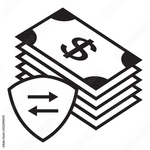 icon of stacked dollar bills with a shield featuring bidirectional arrows, symbolizing secure money transfer, remittance, or financial transaction.