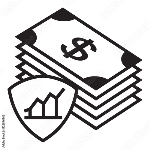 Icon of stacked dollar bills with a shield containing a growth chart symbol, representing secure financial growth, investment, or economic stability.