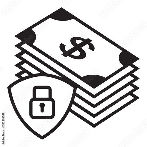 Secure Cash Icon. of stacked dollar bills with a shield featuring a padlock symbol, representing secure cash handling, money safety, or financial protection.