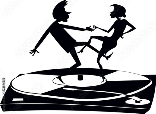 Romantic young couple dancing on the long play record. Happy young man and woman dancing on the long play record. Black and white illustration