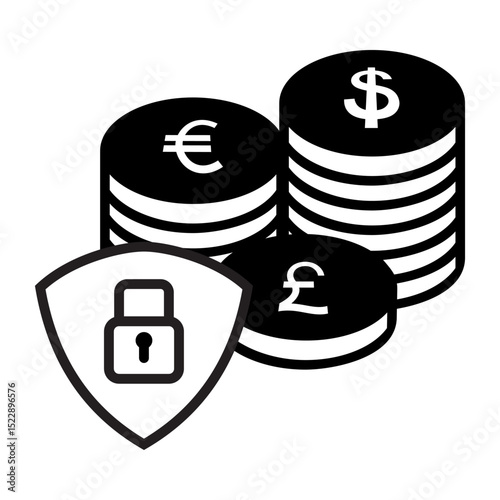 A monochrome icon featuring stacks of coins with euro, dollar, and pound symbols, accompanied by a shield displaying a padlock, representing secure protection of multiple currencies.