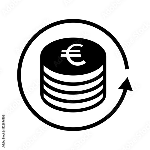 Black line icon of euro coin stack with circular arrow, symbolizing financial turnover, rotation, or cashflow.