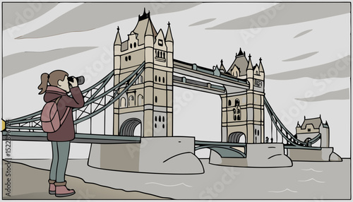 Girl looks and takes pictures of London landmark - Tower Bridge. Vector illustration