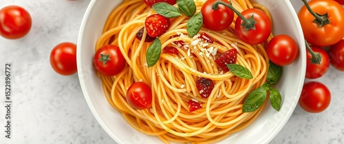 Al dente spaghetti with fresh cherry tomatoes in a simple white bowl, overhead shot,   white,  italian