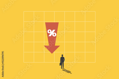 Businessman looking percentage sign with falling down. concept of Inflation or interest rate falling down, decrease, profit fall in economic recession
