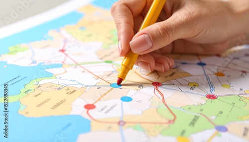 A hand colouring a part of a map with colour markers