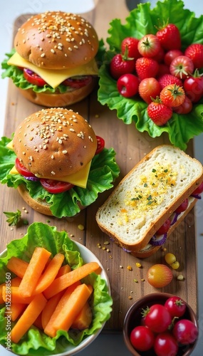 A vibrant spread of fresh lunch foods including sandwiches, salads, and fruit, perfect for a healthy and delicious midday meal Ideal for office lunches, picnics, or catering , snack, office, spring
