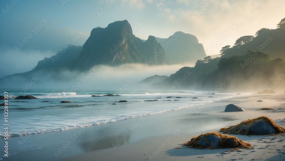 Obraz premium Tranquil Beach With Mountain View and Empty Copy Space for Text