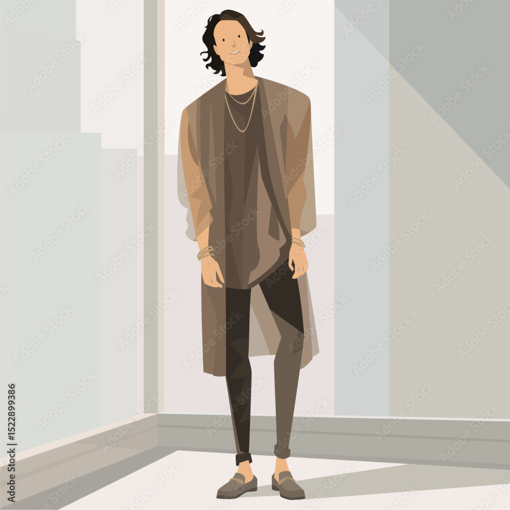 Fototapeta premium モダンなロングカーディガンを着た男性Fashion Illustration of a Man in a Modern Long Cardigan