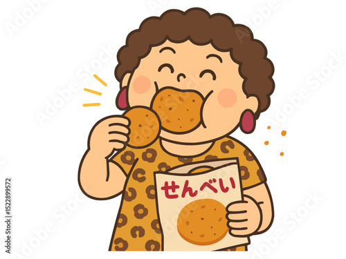 大阪のおばちゃんがおせんべいをドカ食いしてご満悦な様子のイラスト