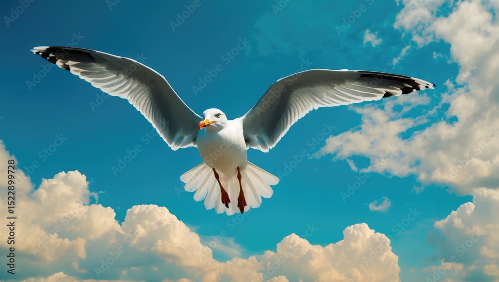 Obraz premium A seagull flying in a blue sky with clouds