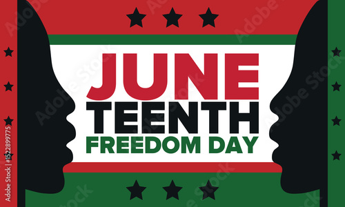 Juneteenth Independence Day. Freedom or Emancipation day. Annual american holiday, celebrated in June 19. African-American history and heritage. Poster, greeting card, banner and background. Vector