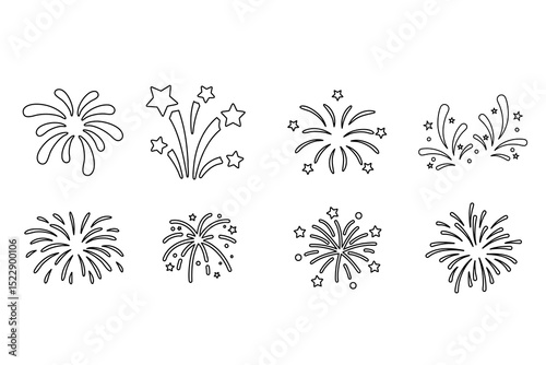 Set of various outline fireworks on a white background