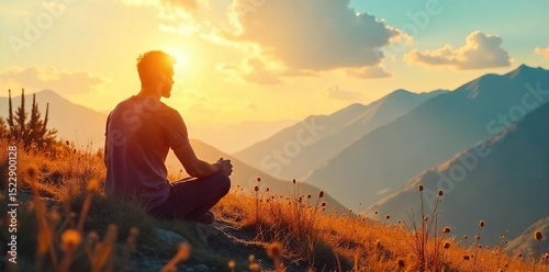 A solitary figure sits cross-legged, lost in deep thought amidst a serene, sun-drenched landscape The image evokes a sense of calm reflection and inner peace , stillness, zen, grass