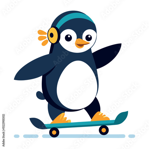 Cheerful Penguin Cartoon Character Riding Skateboard with Headphones, Isolated Illustration Style
