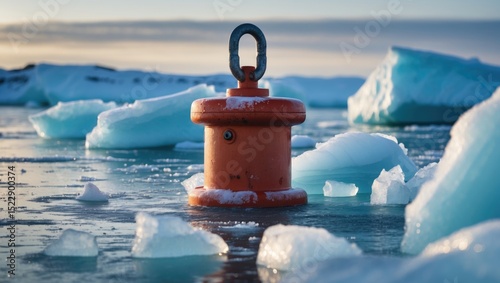 A buoy frozen in ice surrounded by icebergs and water. Marine navigation and Arctic environment. The concept of ice entrapment and maritime safety.