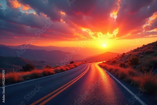 A winding road disappearing into a vibrant sunset, symbolizing the exciting possibilities and unknown adventures that lie ahead on life's journey , clouds, open road, curve