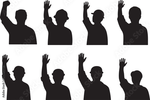 Silhouettes of Construction Workers Raising Hands
