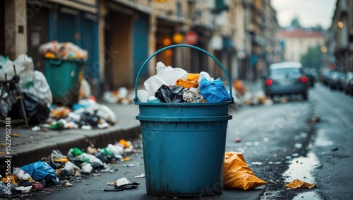 A bucket of garbage on the street with trash and litter around.