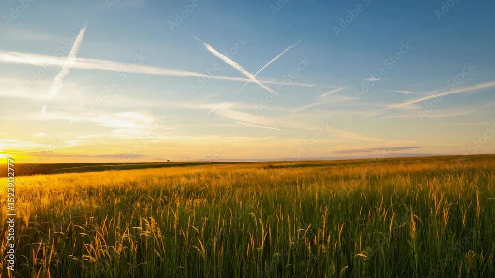 Serene view of the sky at sunset, with long contrails marking the flight path.