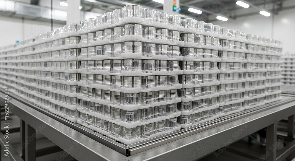 Obraz premium Industrial packaging facility, stack of finished canned goods packed in trays, shrink-wrapped on metal platform in bright space