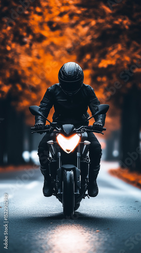 Biker on a powerful motorcycle riding through autumn forest road in dramatic lighting. Generative AI