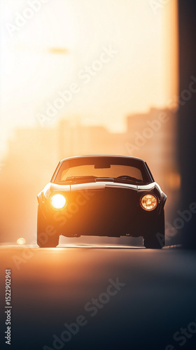 Classic car silhouette with glowing one headlights at sunrise on an empty road. Generative AI