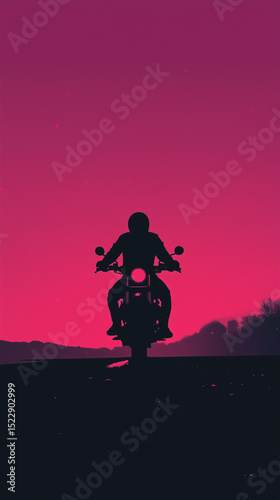 Motorcycle Silhouette at Sunset Pink Night, Road Rider Vehicle Freedom Adventure. Minimal Illustration. Generative AI