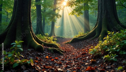Mysterious, sun-dappled forest floor completely covered in a thick layer of rich, dark brown earth; gnarled roots and decaying leaves create a textured surface , fall, overgrown