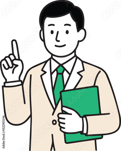 Man in suit pointing up, holding green folder, isolated on white background