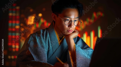 伝統的な日本の服を着た、集中したファイナンス学生がチャートを勉強しています。