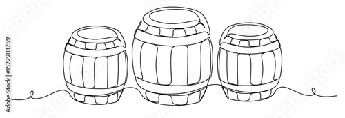 art one continuous line of three wooden barrels isolated on a white background. vector illustration pirate property