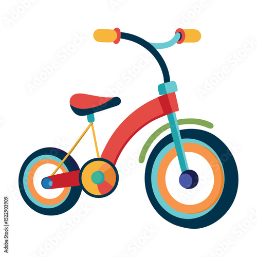 Colorful Children's Electric Bike Illustration Red Frame, Blue Accents, Yellow Grips on White Backdrop