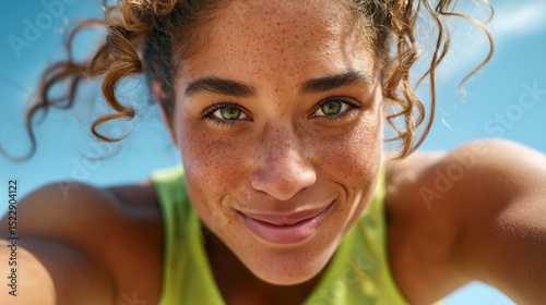 Summer Joy and Outdoor Sports: Young Mixed Ethnicity Woman in Gym Outfit Smiling Under Blue Sky. Unity, Movement, Happiness, Health, and Active Lifestyle
