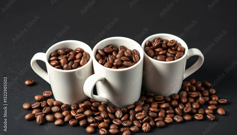Obraz premium Three white coffee cups overflowing with roasted coffee beans on dark background, still life, drink