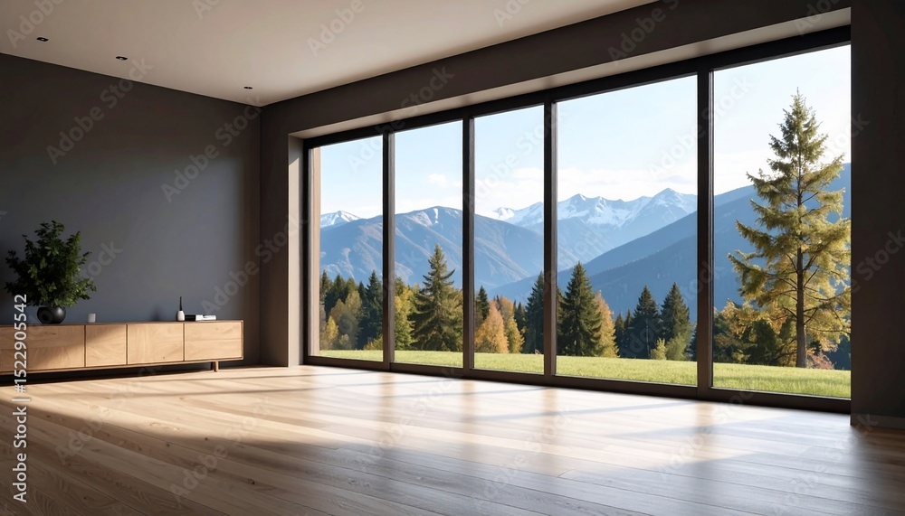 Fototapeta premium Modern Minimalist Living Room with Panoramic Mountain View