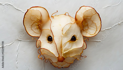 dolce a forma di testa di topo con fette di mela al posto delle grandi orecchie, sweet in the shape of a mouse head with apple slices instead of big ears