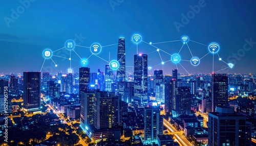Cityscape with glowing network icons, connecting across skyscrapers under a vibrant blue sky.