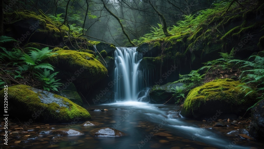 Obraz premium A long-exposure image depicting a small waterfall surrounded by moss-covered rocks and ferns.