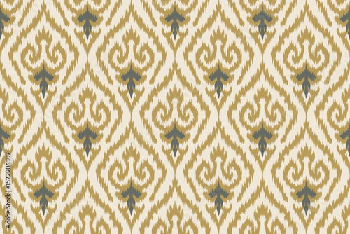 Seamless ikat pattern with traditional green and gold ethnic motifs on a cream background, ideal for textile design, wallpaper, boho decor, fashion prints, wrapping, and vintage crafts.