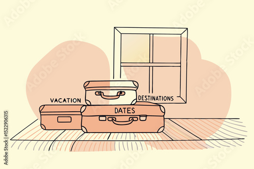 Three vintage suitcases with vacation and destination labels on floor  