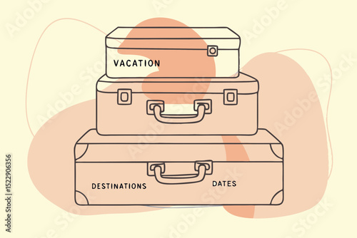 Three vintage suitcases with vacation and destination labels on floor  