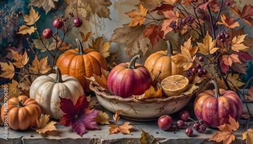 Autumn still life with pumpkins and leaves on wooden table  