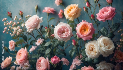 Beautiful Summer Flowers as Background with Blossoming Delicate Roses on Blooming Flowers, Pastel and Soft Bouquet Floral Card with Empty Copy Space for Text