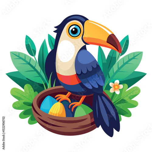 Colorful Toucan Bird Sitting in a Nest Surrounded by Green Leaves and Flowers