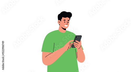 Young hispanic male using smartphone in green shirt vector illustration