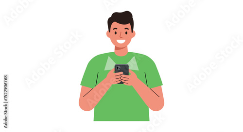 Smiling young caucasian male using smartphone in green shirt vector illustration