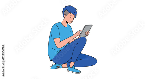 Young caucasian male teen with blue hair using tablet while crouching vector illustration